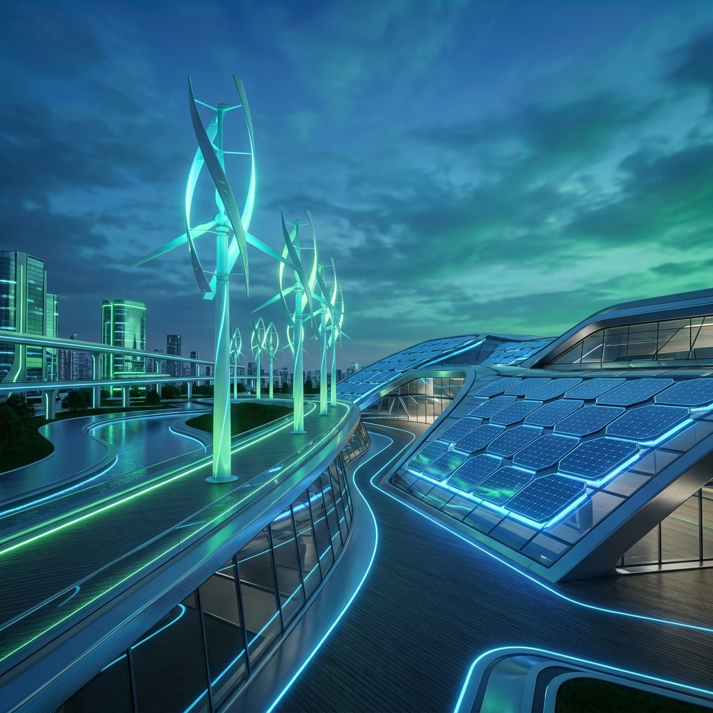 A conceptual visualization of clean, sustainable energy solutions. Glowing wind turbines and solar panels in a high-tech modern setting. Green and blue color palette, neon highlights, futuristic, 8k resolution, photorealistic, cinematic lighting, no text, no people, no women