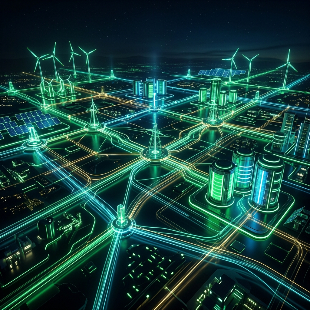 A conceptual visualization of a smart energy grid. Abstract glowing lines connecting power nodes, battery storage facilities, futuristic technology style, green energy concept, dark background with vibrant green and blue accents, 8k resolution, cinematic lighting, no text, no people, no women